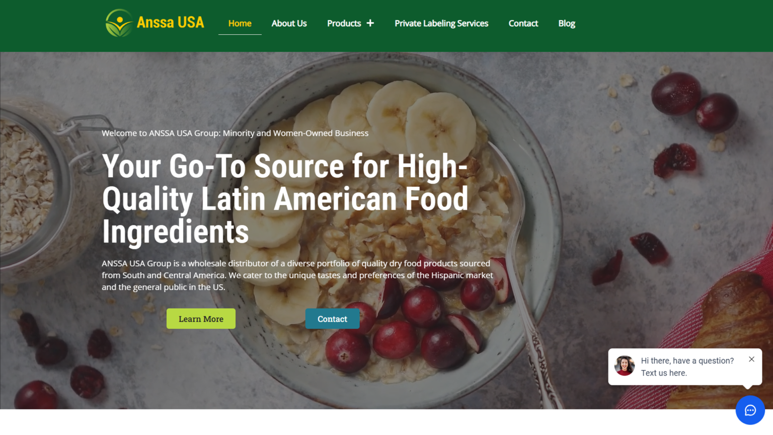 ANSSA USA website promoting high-quality Latin American food ingredients, featuring a bowl of oatmeal topped with banana slices and cranberries, highlighting natural, wholesome products for the US market.