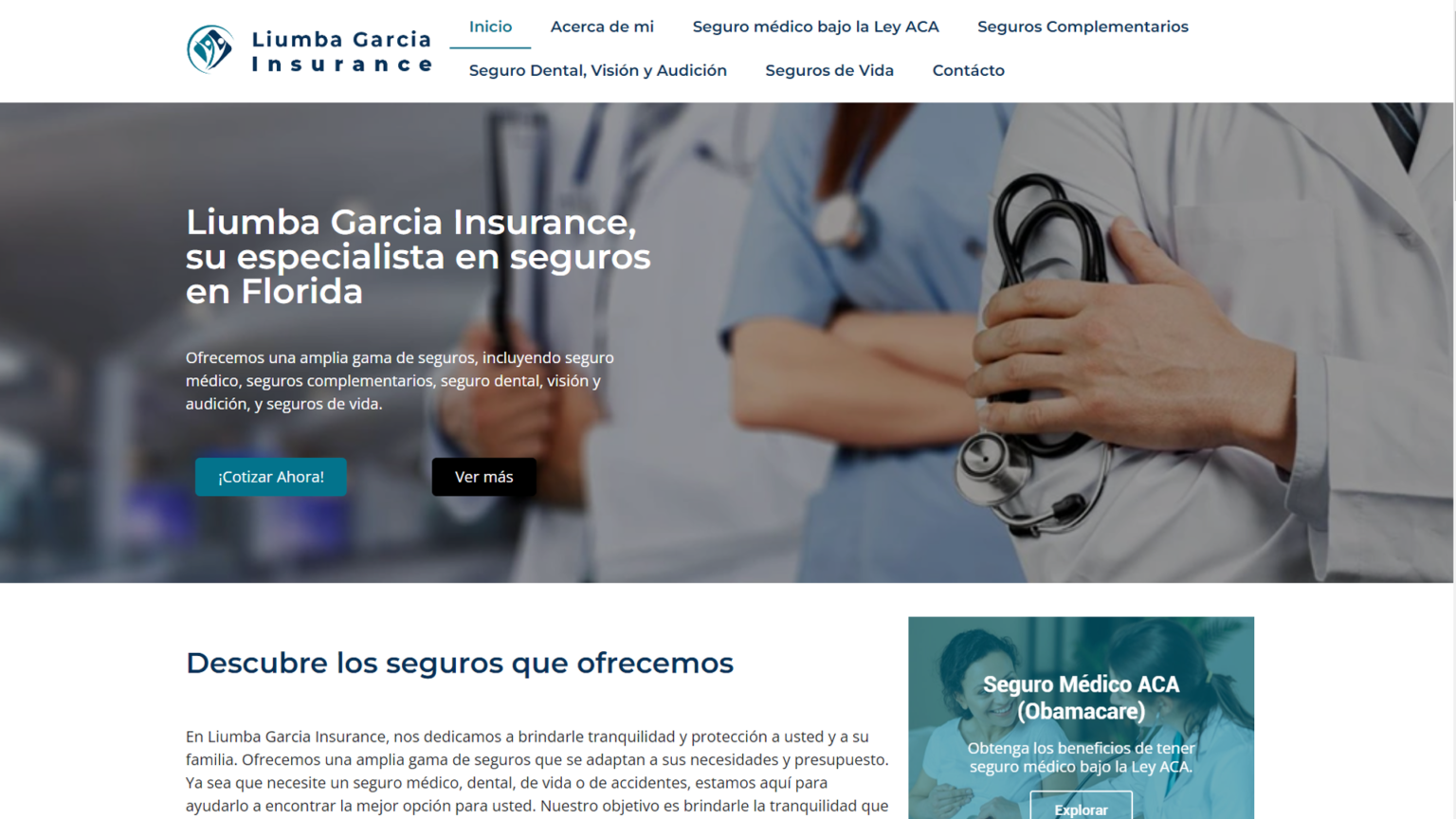 Liumba Garcia Insurance website showcasing a range of medical, dental, and life insurance options in Florida, featuring a doctor holding a stethoscope as a symbol of comprehensive health coverage.