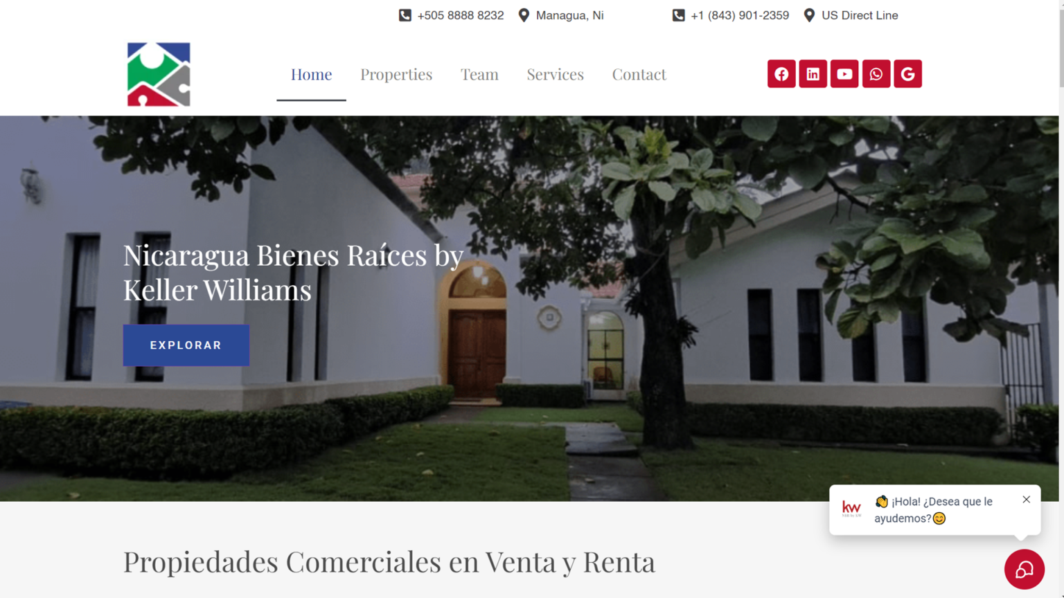 Nicaragua Bienes Raices by Keller Williams Nicaragua real estate website showcasing commercial properties for sale and rent, featuring a front view of a white house with a garden, highlighting property listings in Managua.