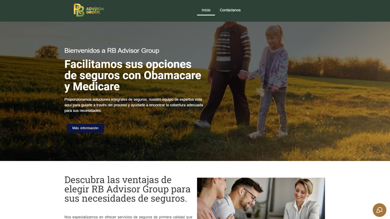 RB Advisor Group website offering insurance options with Obamacare and Medicare, featuring a family walking in a field at sunset, representing comprehensive health coverage solutions.