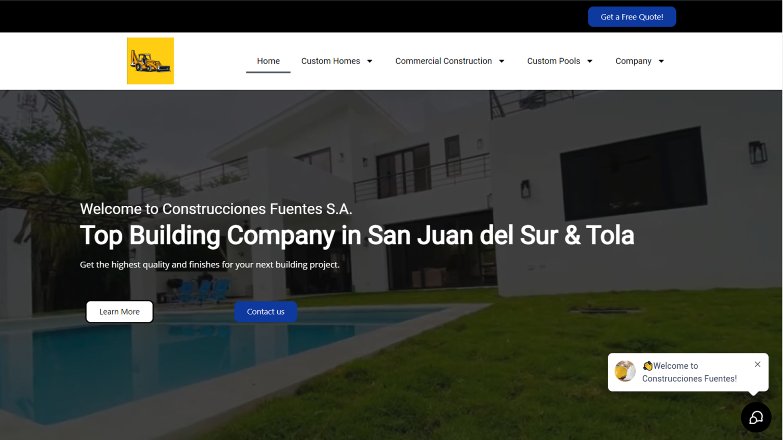 Website design for Construcciones Fuentes S.A., a top building company in San Juan del Sur & Tola, featuring a modern home with a pool and options for custom construction services.
