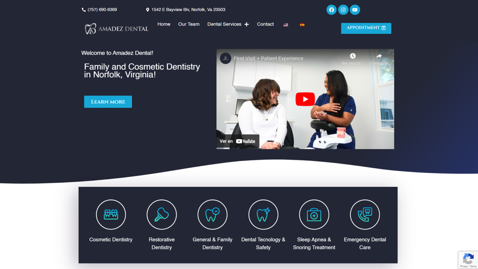 Amadez Dental website promoting family and cosmetic dentistry services in Norfolk, Virginia, featuring a video about patient experience and icons for dental treatments like cosmetic, restorative, and emergency care.
