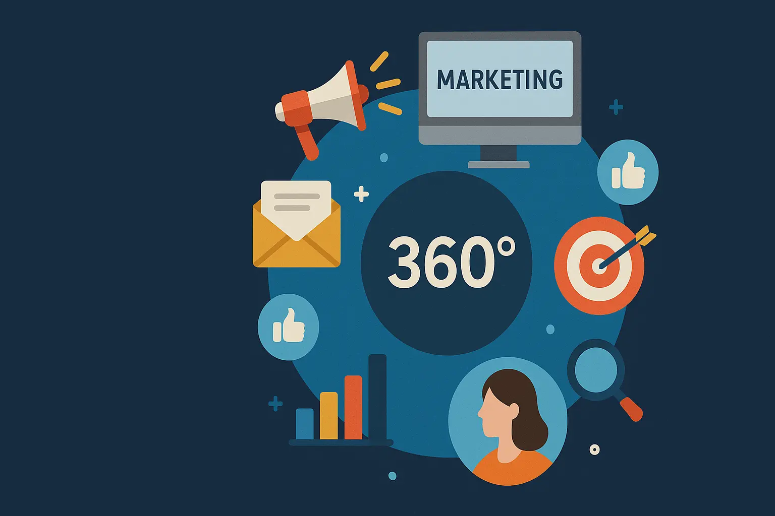 Ilustración representativa de una agencia de marketing 360 con elementos clave como publicidad digital, redes sociales, email marketing, análisis de datos y enfoque al cliente, destacando la cobertura total de estrategias de marketing.