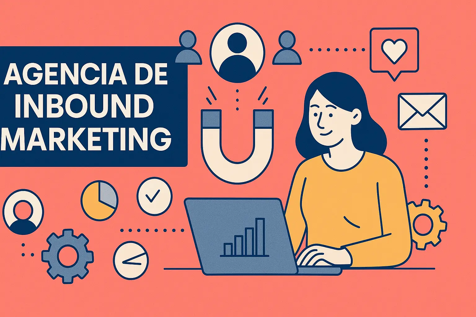 Ilustración representativa de una agencia de inbound marketing con una profesional usando un ordenador portátil, rodeada de iconos de atracción de clientes, crecimiento de datos y estrategias digitales.